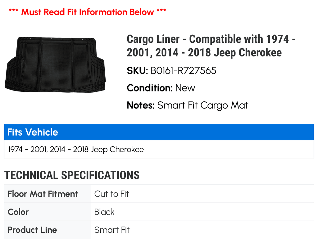 Cargo Liner - Compatible with 1974 - 2001, 2014 - 2018 Jeep Cherokee 1975 1976 1977 1978 1979 1980 1981 1982 1983 1984 1985 1986 1987 1988 1989 1990 1991 1992 1993 1994 1995 1996 1997 1998 1999