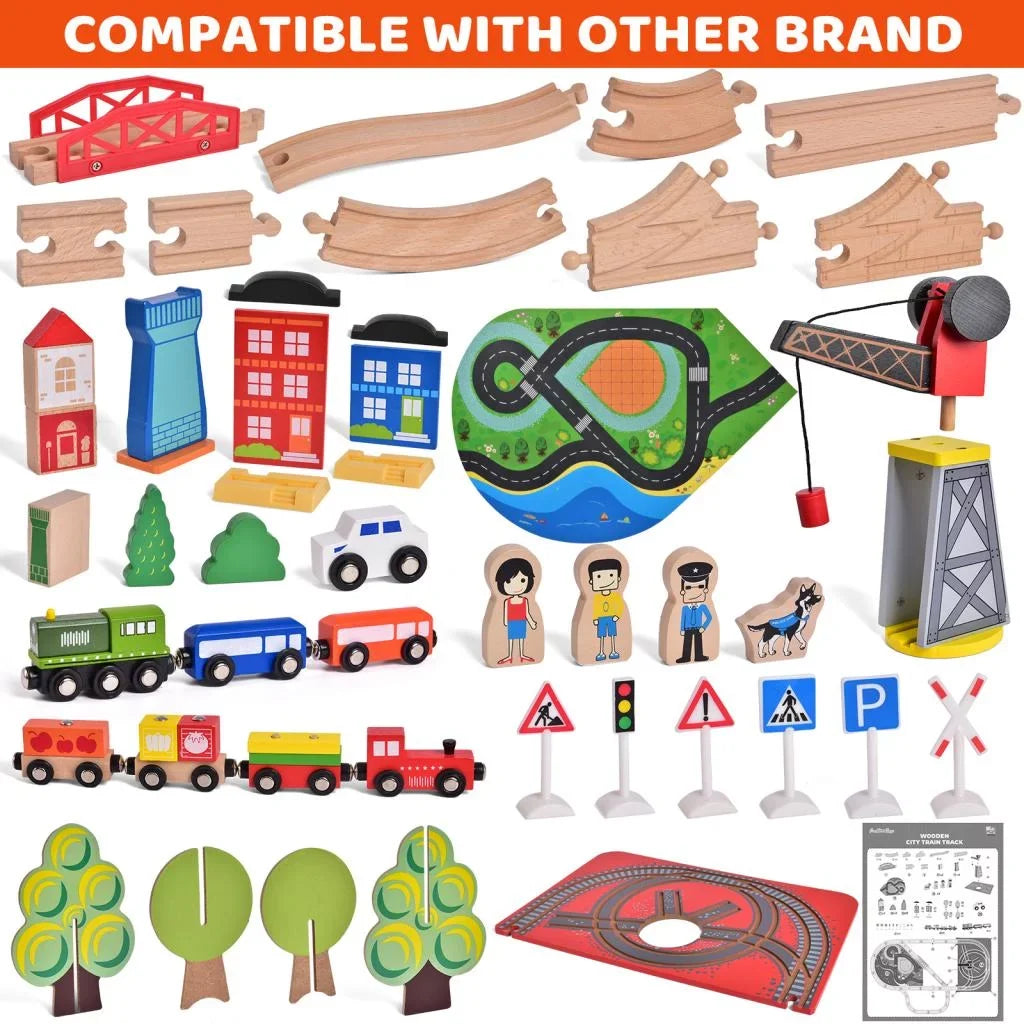 Fun Little Toys 88PCs Wooden Play Set, Enchanting Wooden Train  Set for Toddlers Age 3+