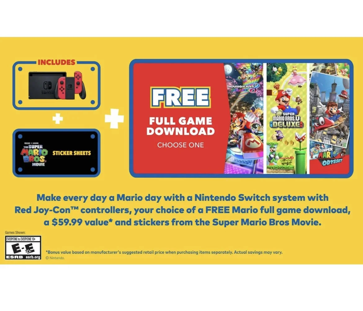 Nintendo Switch Mario 40th Edition - Red Joy-Con - Choose One of Three Download Mario Games + Sonic Superstars + Mario & Rabbids Spark of Hope + 64GB MicroSD Memory card + Switch Carrying Case