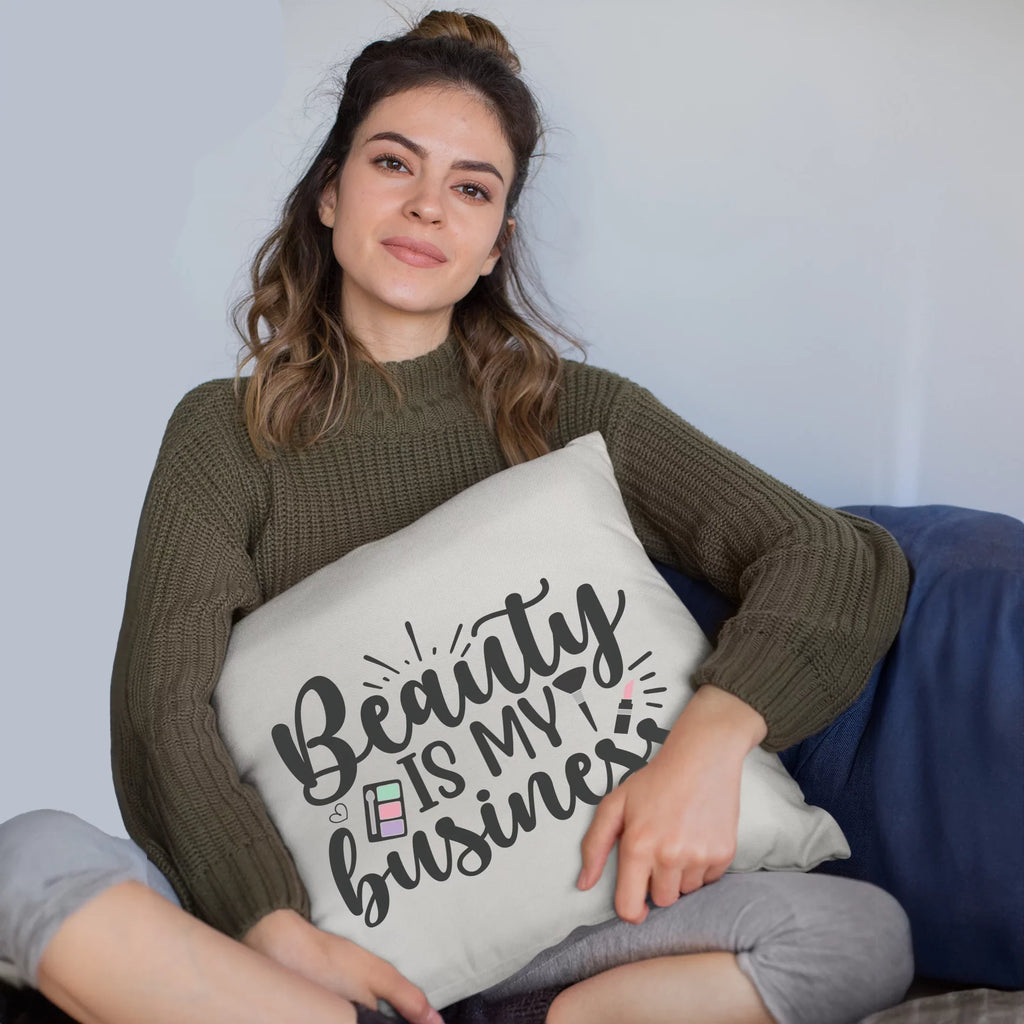 Beauty Is My Business w/ Eyeshadow Palette, Brush & Pink Lipstick Design - Beauty Themed Merch for Makeup Artist or Cosmetologist, Gift for Makeup Lovers, Pillow Cover, White 20X20 IN