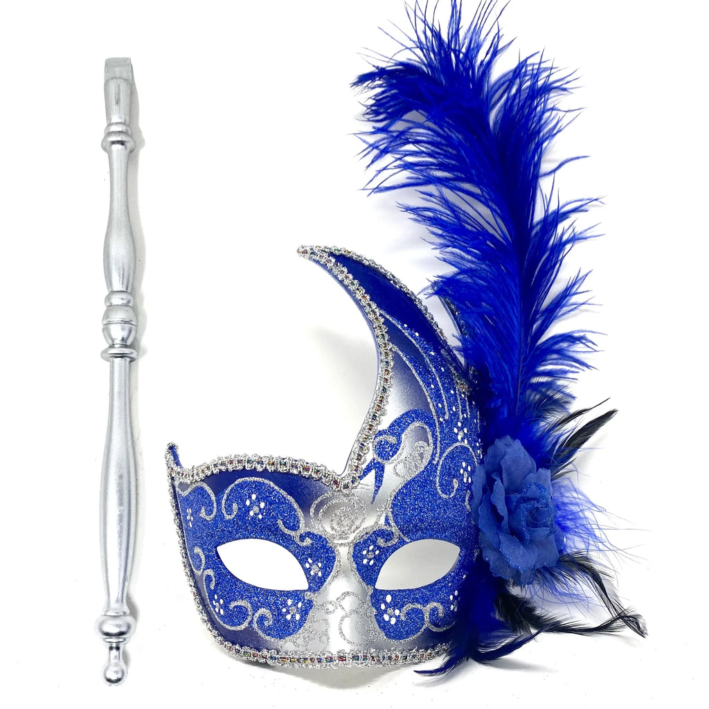 Women Lady Girls Costume Holding Stick Venetian Feather mask Masquerade Mask Halloween Mardi Gras Cosplay Wedding Party