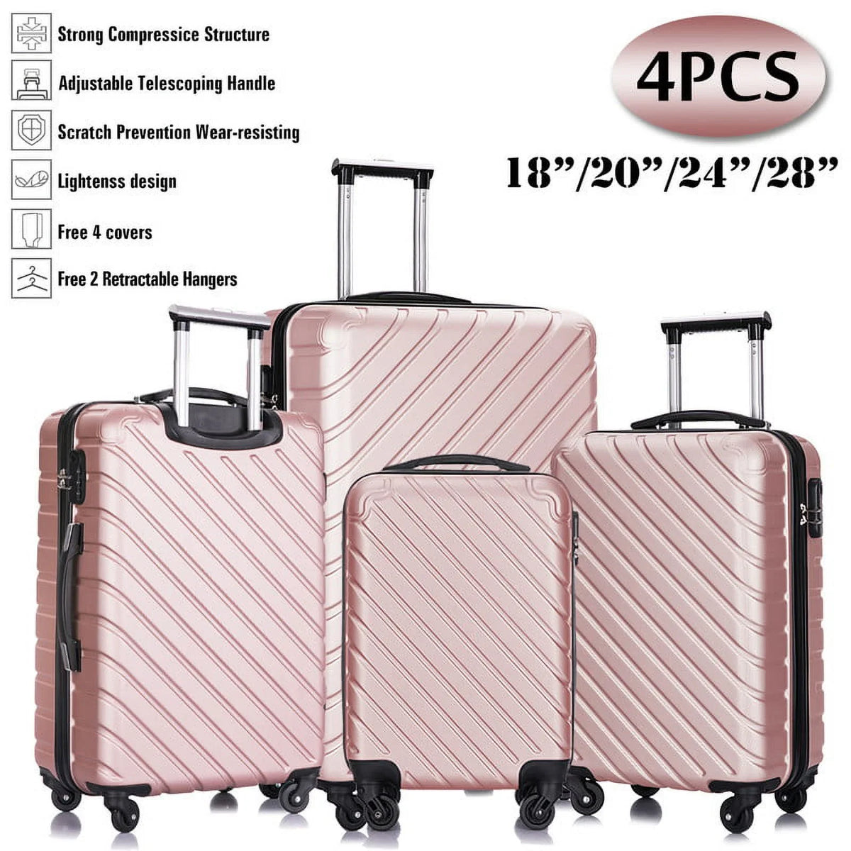 4 Piece Hardshell Luggage Sets,Travel Suitcase,Carry On Luggage with Spinner Wheels Free Cover&Hanger Inside rose gold