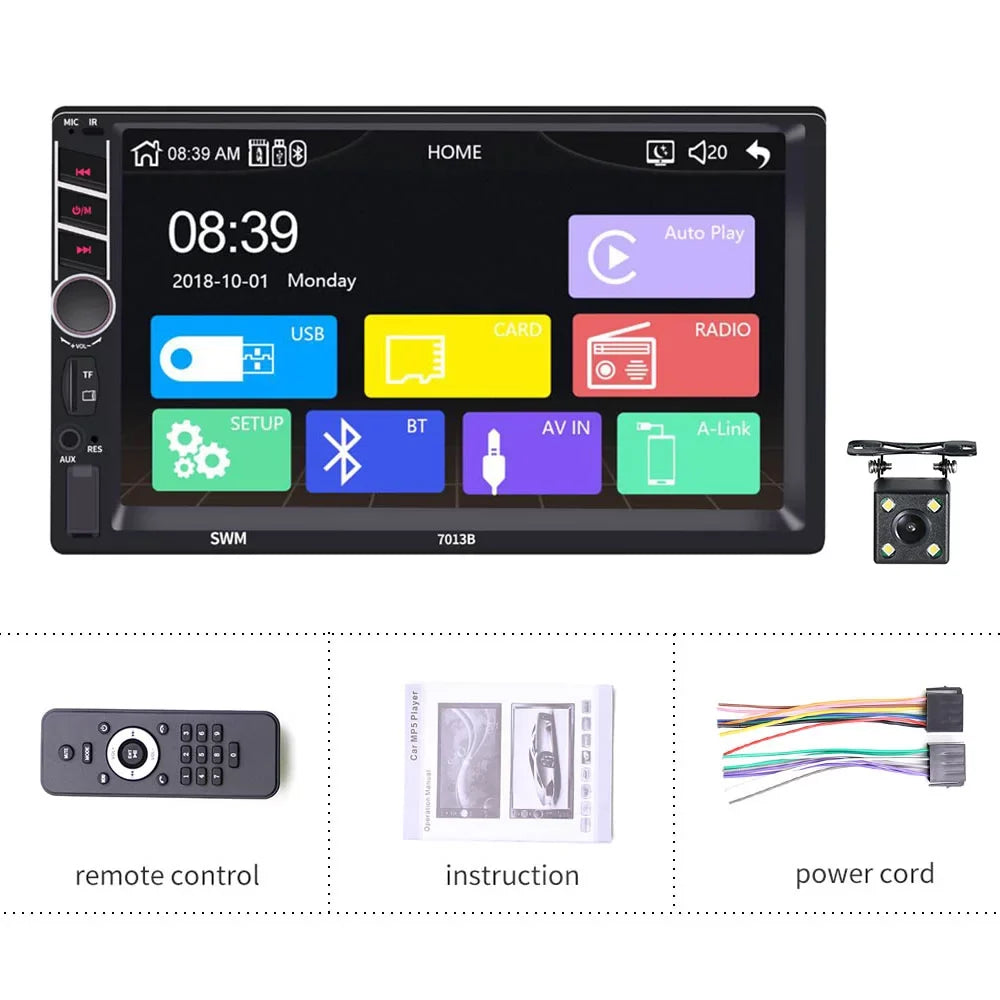 Podofo 2 Din Car Stereo with Apple D-play 7 inch Touch Screen Car MP5 Player Car Radio Bluetooth USB with 4 LED Rear View Camera