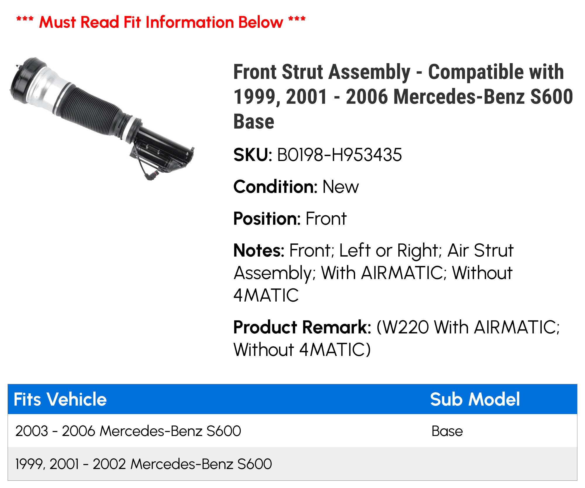 Front Strut Assembly - Compatible with 1999, 2001 - 2006 Mercedes-Benz S600 Base 2002 2003 2004 2005