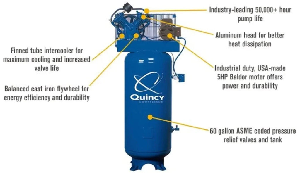 Quincy QT-54 2Stage Reciprocating Air Compressor 5HP 230V 1 Phase 60-Gallon Vertical Model 2V41C60VC