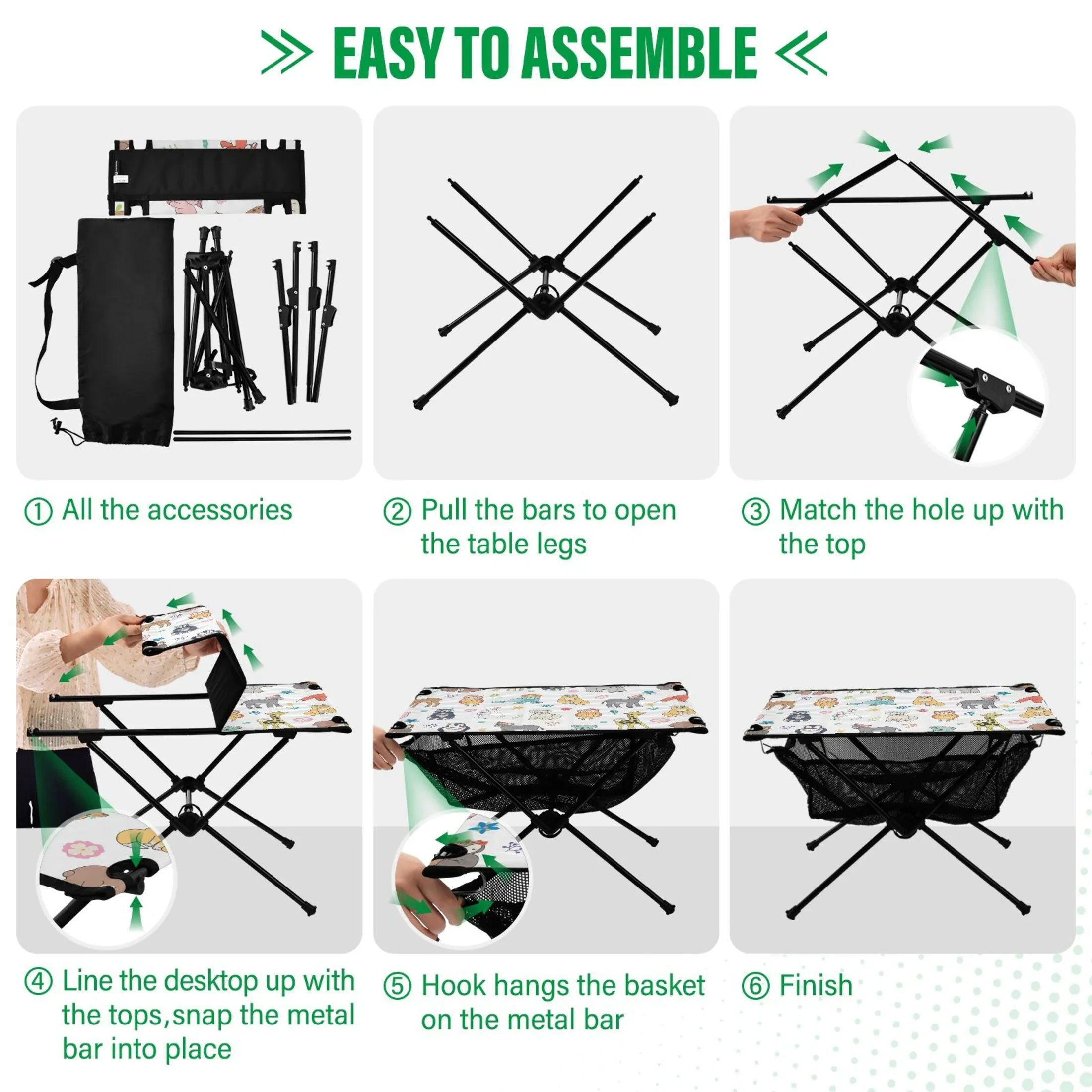 Cartoon Elephant Bear Giraffe Fox Camping Folding Table Portable Beach Table with Storage Bag Compact Picnic Table for Outdoor Travel Fishing BBQ
