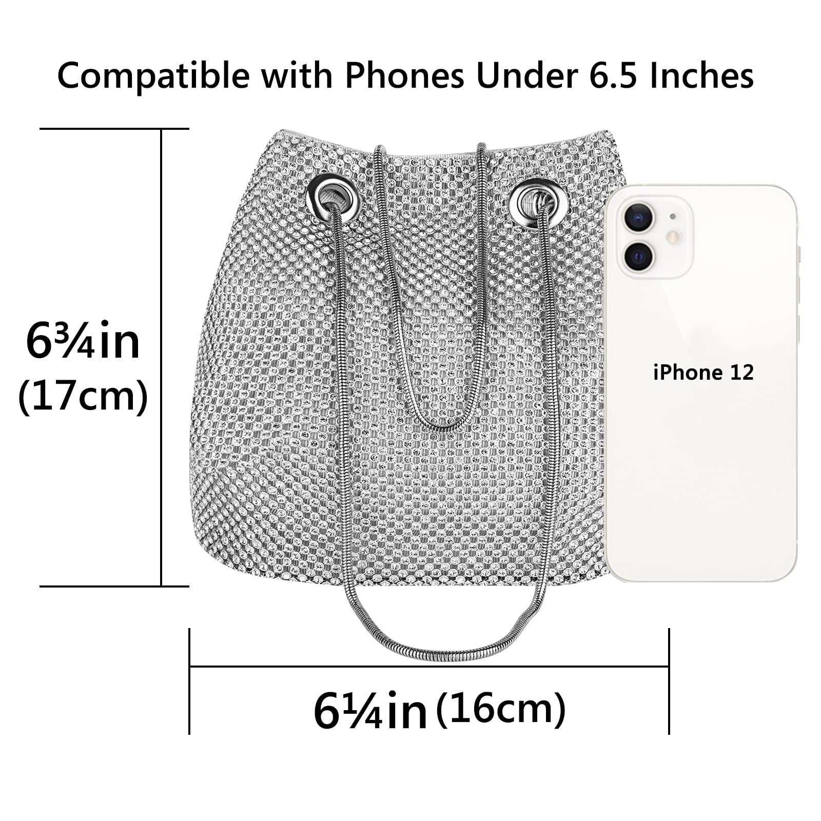 Rhinestone Bucket Bag for Women, Evening Lady Purse, Party Prom Wedding Crossbody Shoulder Handbag (Silver)