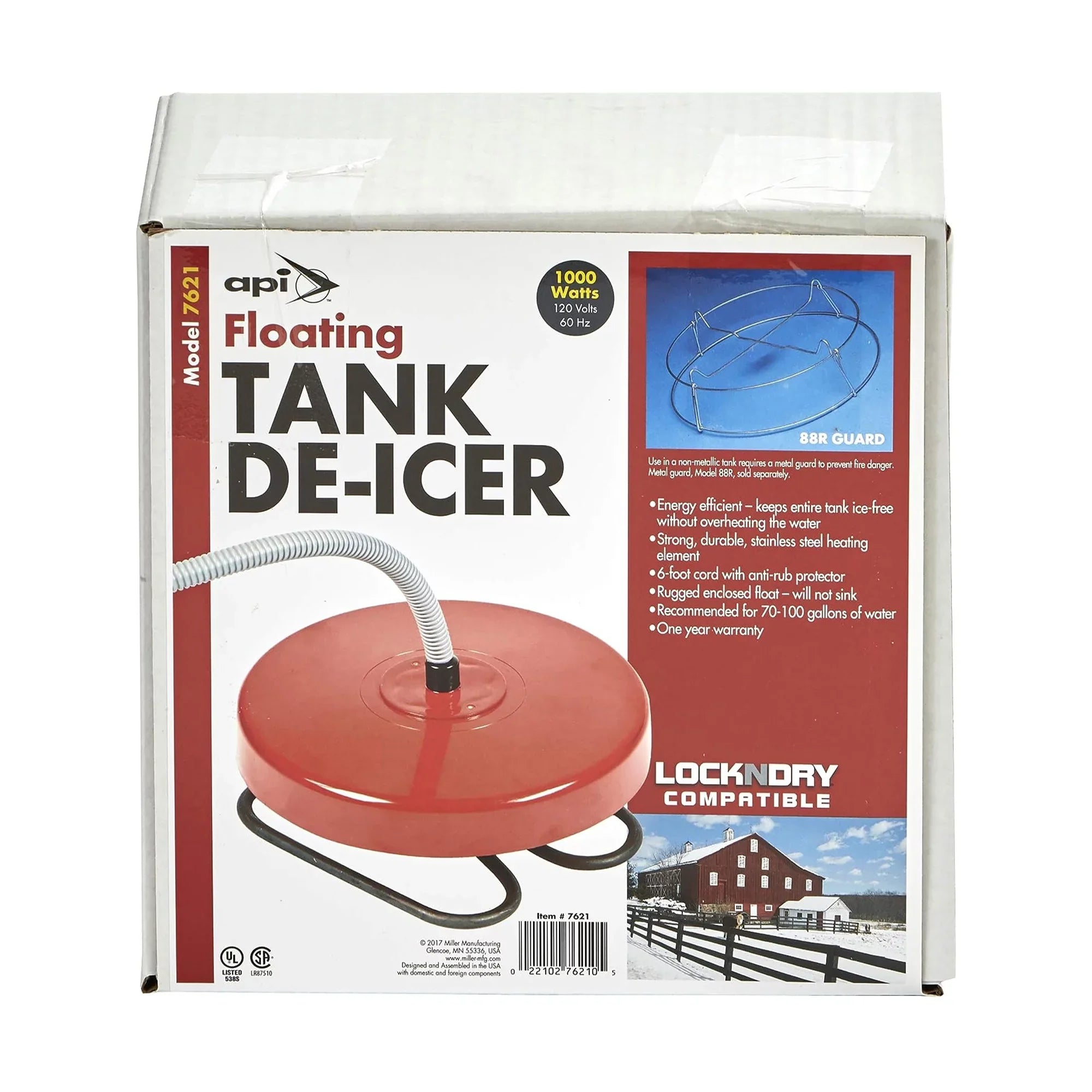 API 1000 Watt Thermostatic Winter Floating Stock Tank Deicer & Heater, Red