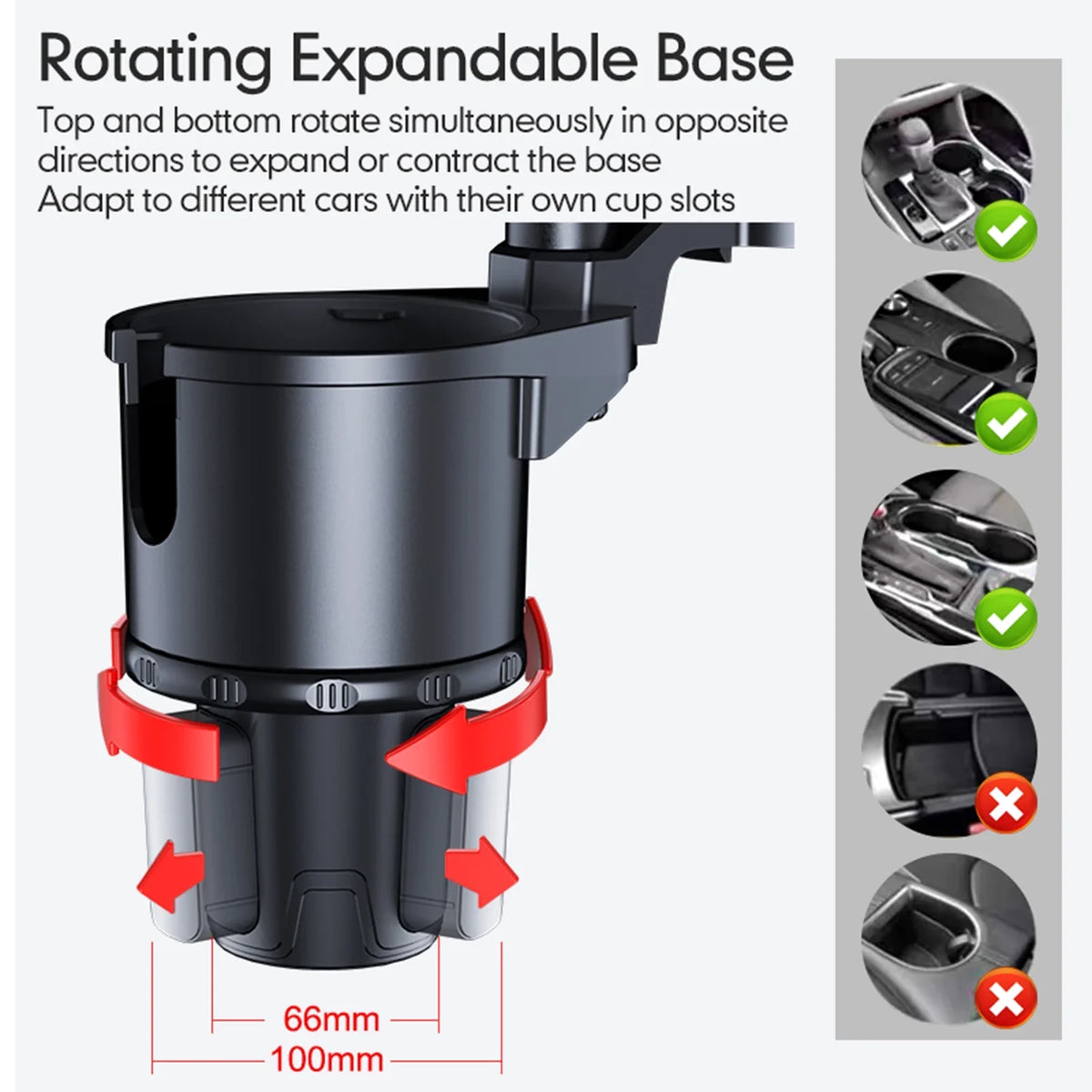 OWSOO Car Cup Holder, Multifunctional Expander with 360° Rotation Tray, Mobile Phone Holder, Adjustable Base, Auto Front Back Seat Organizer, Size S, Convenient for Car Travel