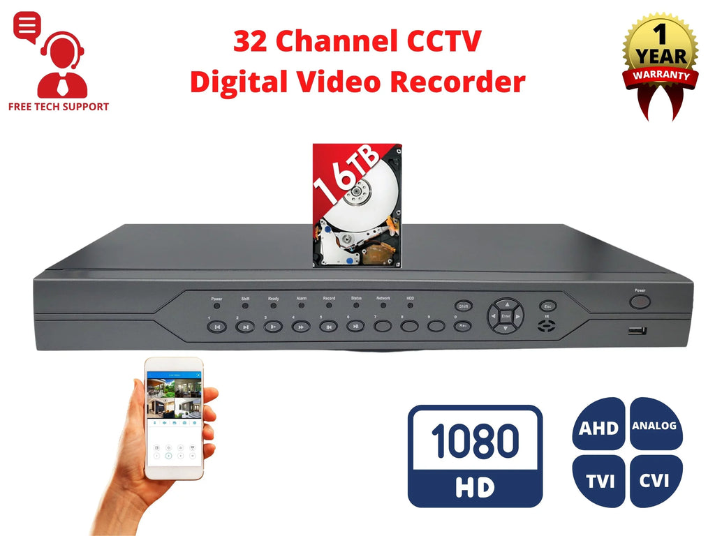 Evertech 32 Channel 1080p AHD TVI CVI and Analog Security Surveillance DVR Recorder with 16TB HDD