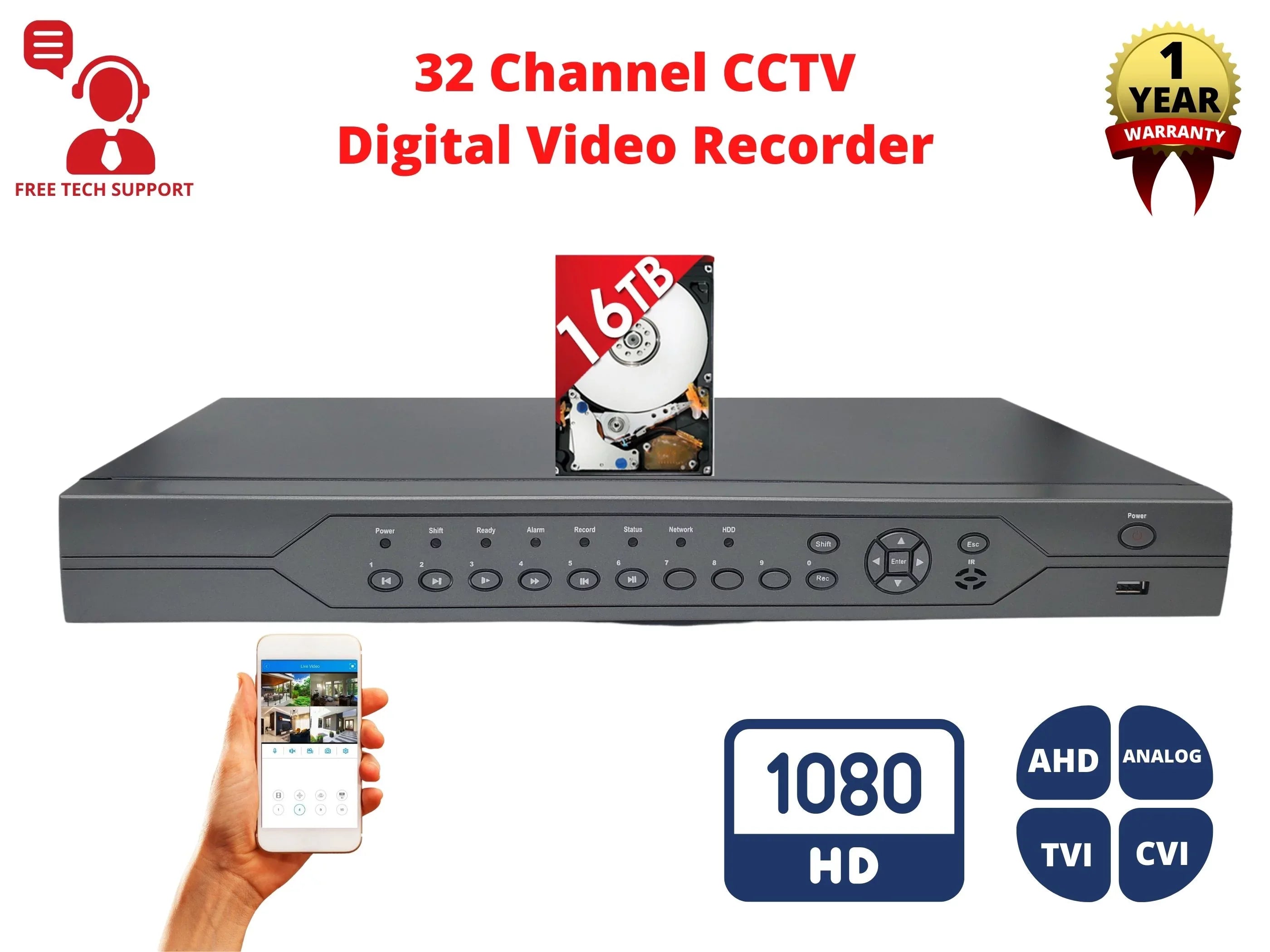 Evertech 32 Channel 1080p AHD TVI CVI and Analog Security Surveillance DVR Recorder with 16TB HDD