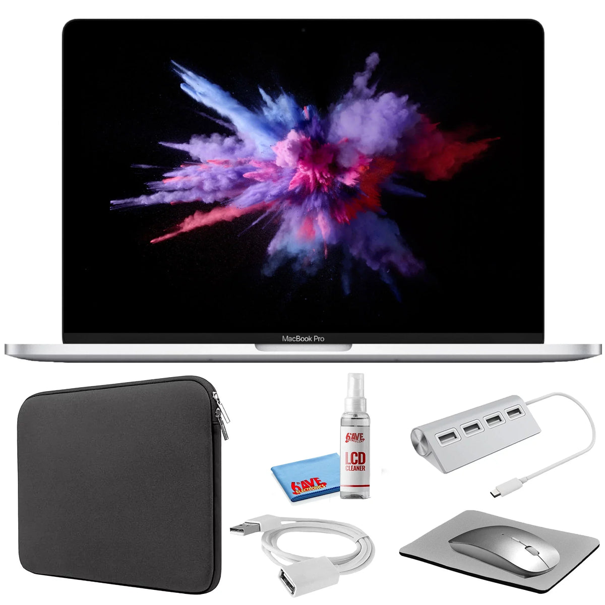 Apple MacBook Pro 13-inch (i5 1.4GHz, 128GB SSD) (Mid 2019, MUHQ2LL/A) - Silver Bundle with Black Zipper Sleeve + Laptop Starter Kit + Cleaning Kit (Refurbished)