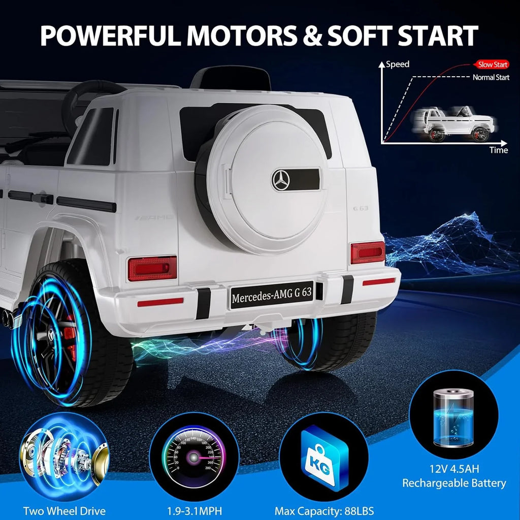 12V Kids Ride on Car, Licensed Mercedes Benz G63 Electric Car w/Remote Control, Music, Spring Suspension, LED Light, Bluetooth, Horn, AUX, Safety Lock Battery Powered Electric Vehicle, White