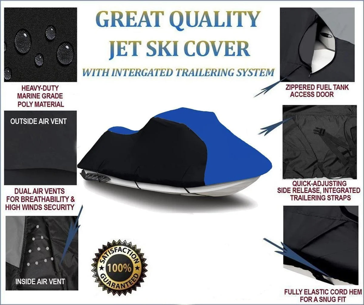 BLACK / BLUE HEAVY-DUTY, 600 DENIER Jet Ski PWC Cover Compatible for Yamaha FX 140 FX140 Trailerable 2002 2003 2004 2005