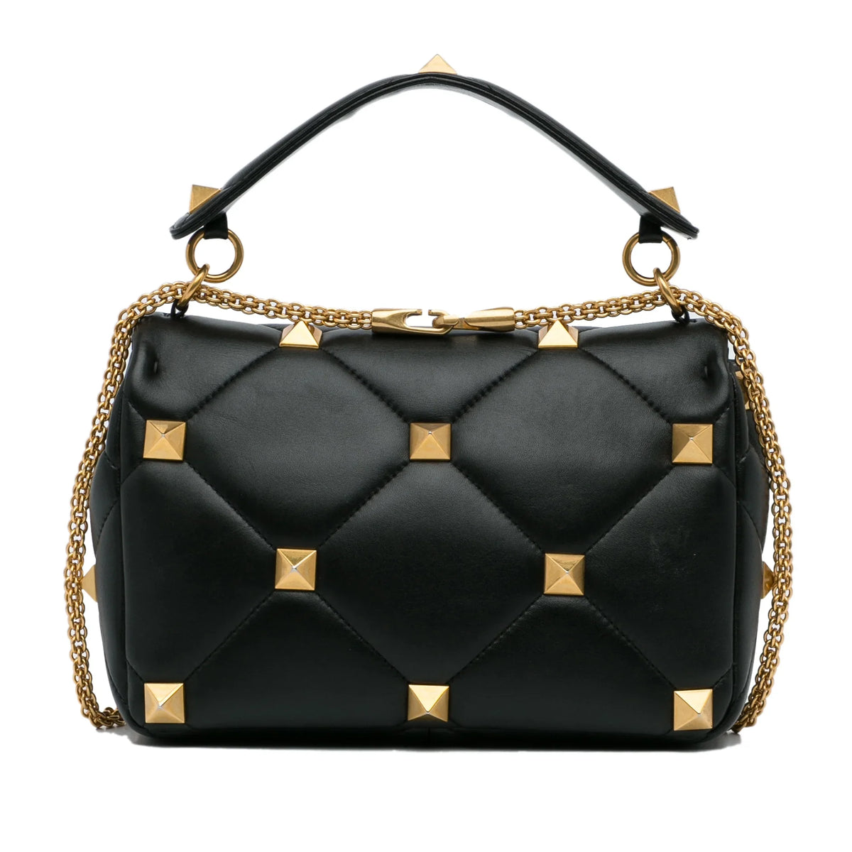 Pre-Owned Authenticated Valentino Medium Roman Stud Satchel Calf Leather Black Unisex (Good)