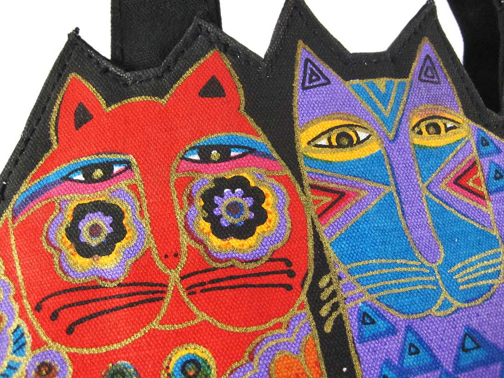 Laurel Burch Medium Tote Zipper Top 12"X3.5"X8.5"-Tres Gatos - Red, Orange & Blue