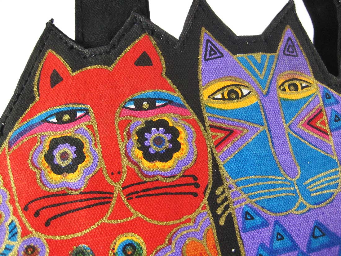 Laurel Burch Medium Tote Zipper Top 12"X3.5"X8.5"-Tres Gatos - Red, Orange & Blue