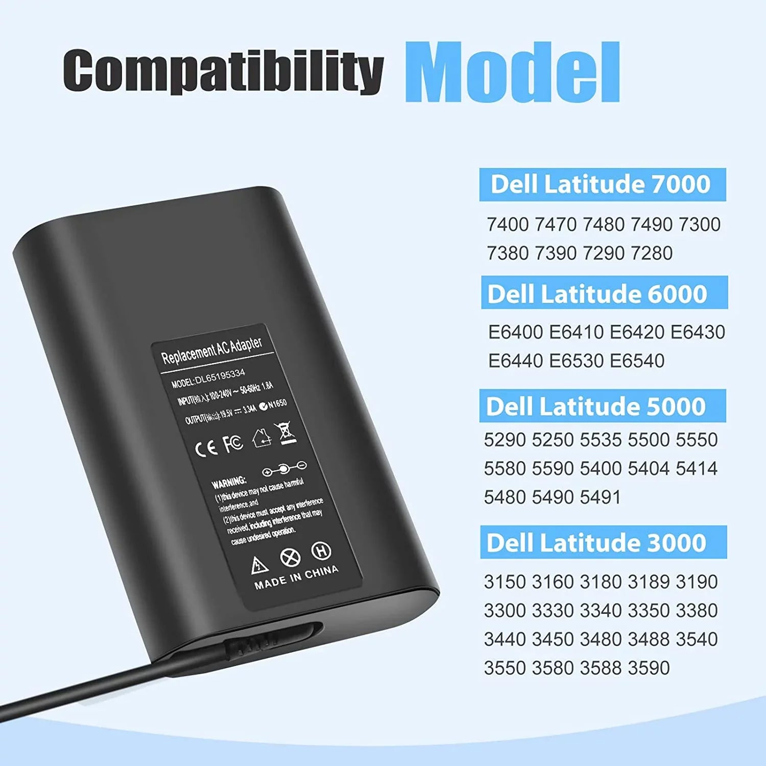 65W LA65NS2-01 Laptop Charger AC Adapter for Dell Latitude 5400 5500 5480 7400 7480 7490 7390 3440 E5400 E5420 E5450 E5470 E6420 E6430 E6540 E7470 E7480 LA65NM130
