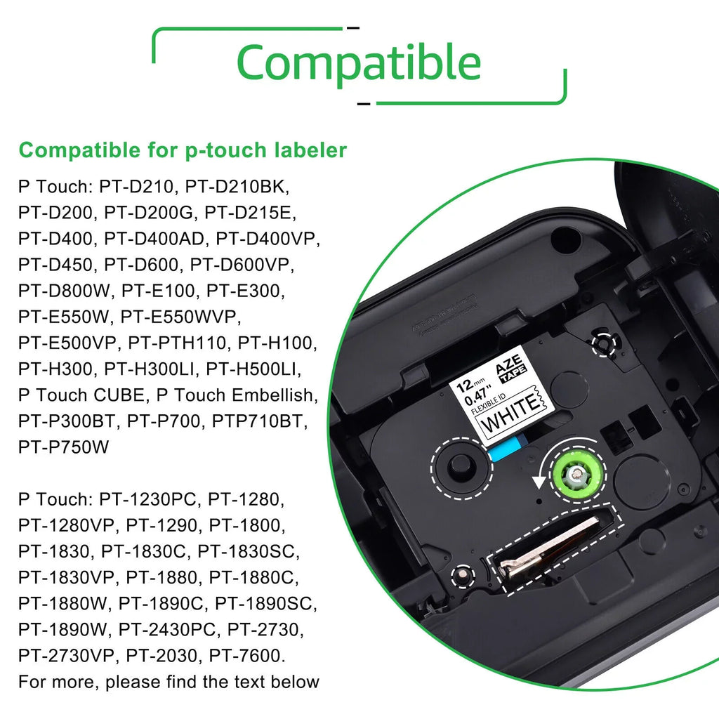 GREENCYCLE 50PK Compatible for Brother P-touch 12mm x 8m Black on White TZ TZe TZ-FX231 TZe-FX231 TZe-231 TZ-231 Flexible ID Cable Wire Label Tape