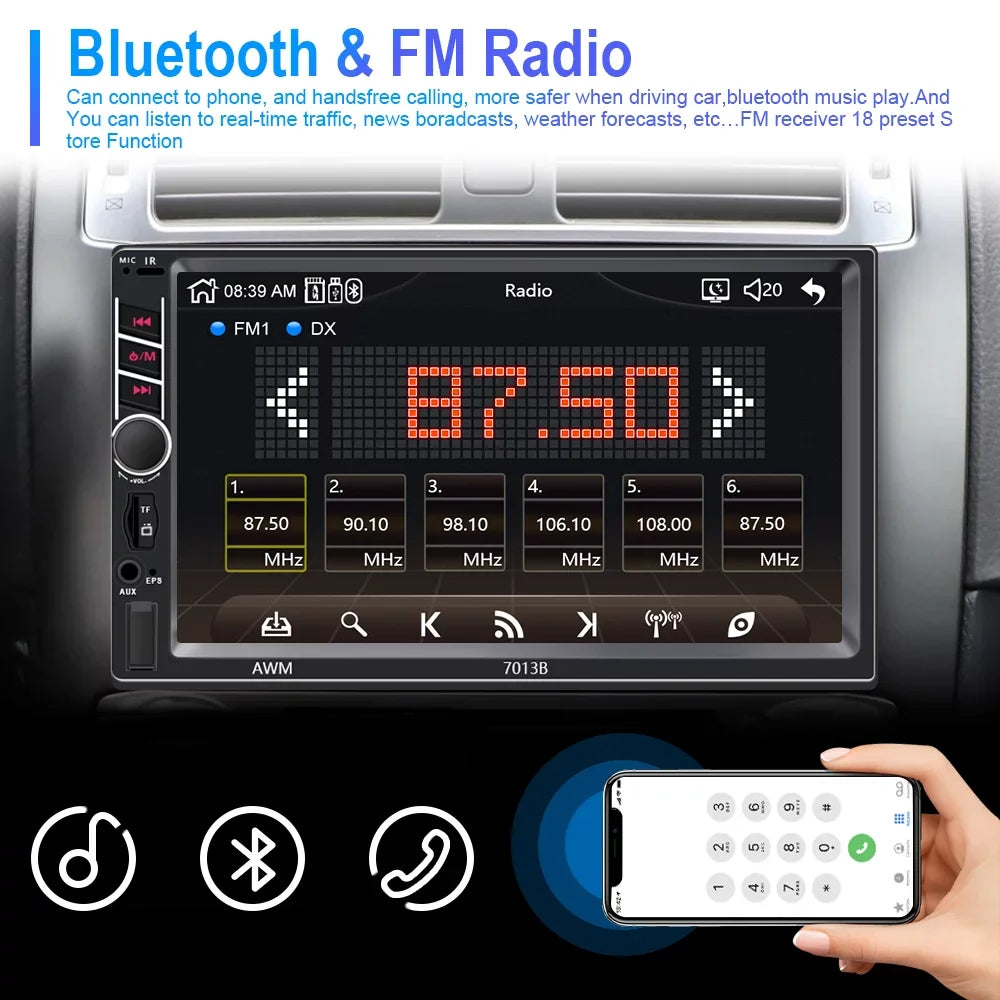 Podofo 2 Din Car Stereo with Apple D-play 7 inch Touch Screen Car MP5 Player Car Radio Bluetooth USB with 4 LED Rear View Camera