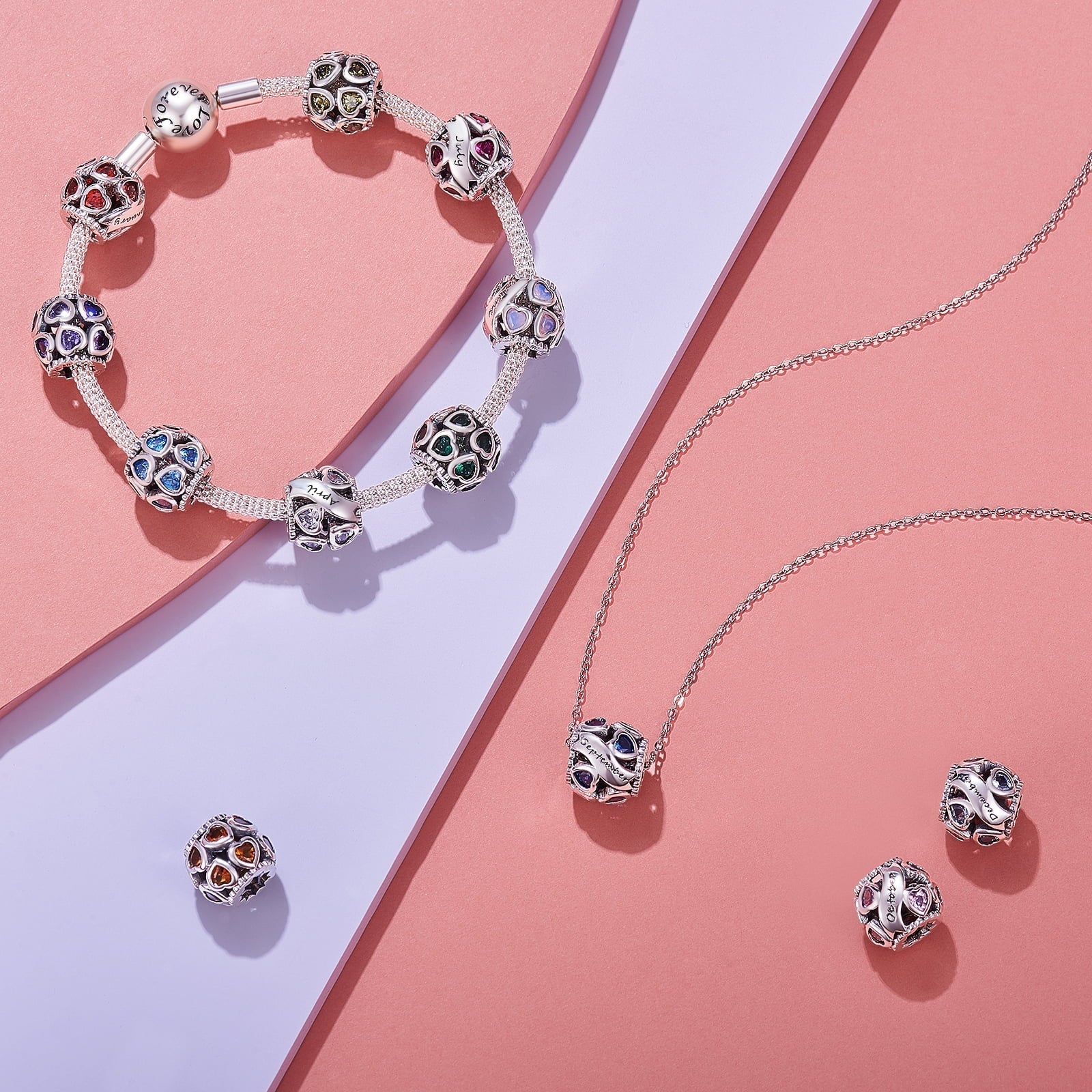 NINGAN February Birthstone Charms for Pandora Bracelets 925 Sterling Silver Love Heart Openwork Bead Charms