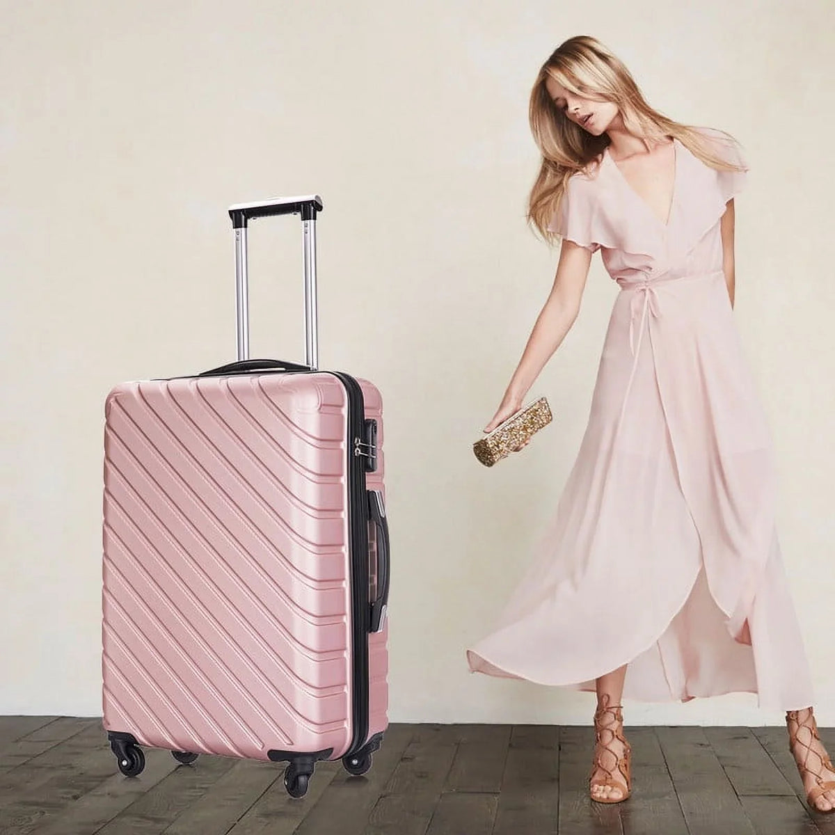 4 Piece Hardshell Luggage Sets,Travel Suitcase,Carry On Luggage with Spinner Wheels Free Cover&Hanger Inside rose gold