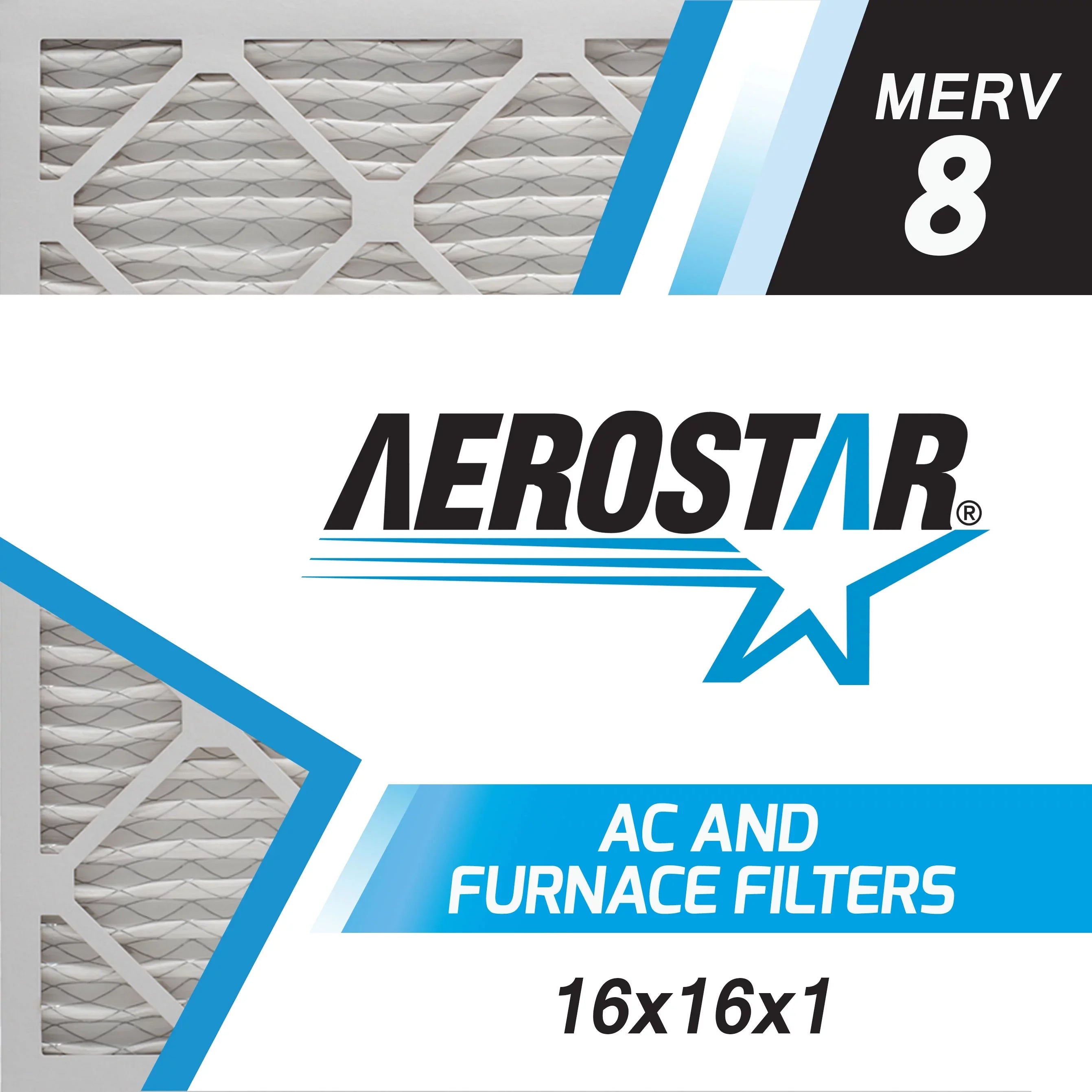 Aerostar 16x16x1 MERV 8 Pleated Air Filter, AC Furnace Air Filter, 2 Pack