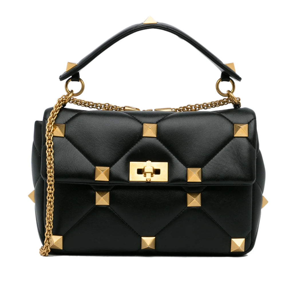 Pre-Owned Authenticated Valentino Medium Roman Stud Satchel Calf Leather Black Unisex (Good)