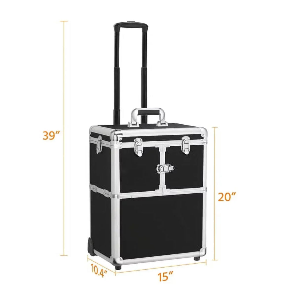 Alden Design Rolling Makeup Case Trolley with Wheels, Mirror, & Retractable Trays, Black