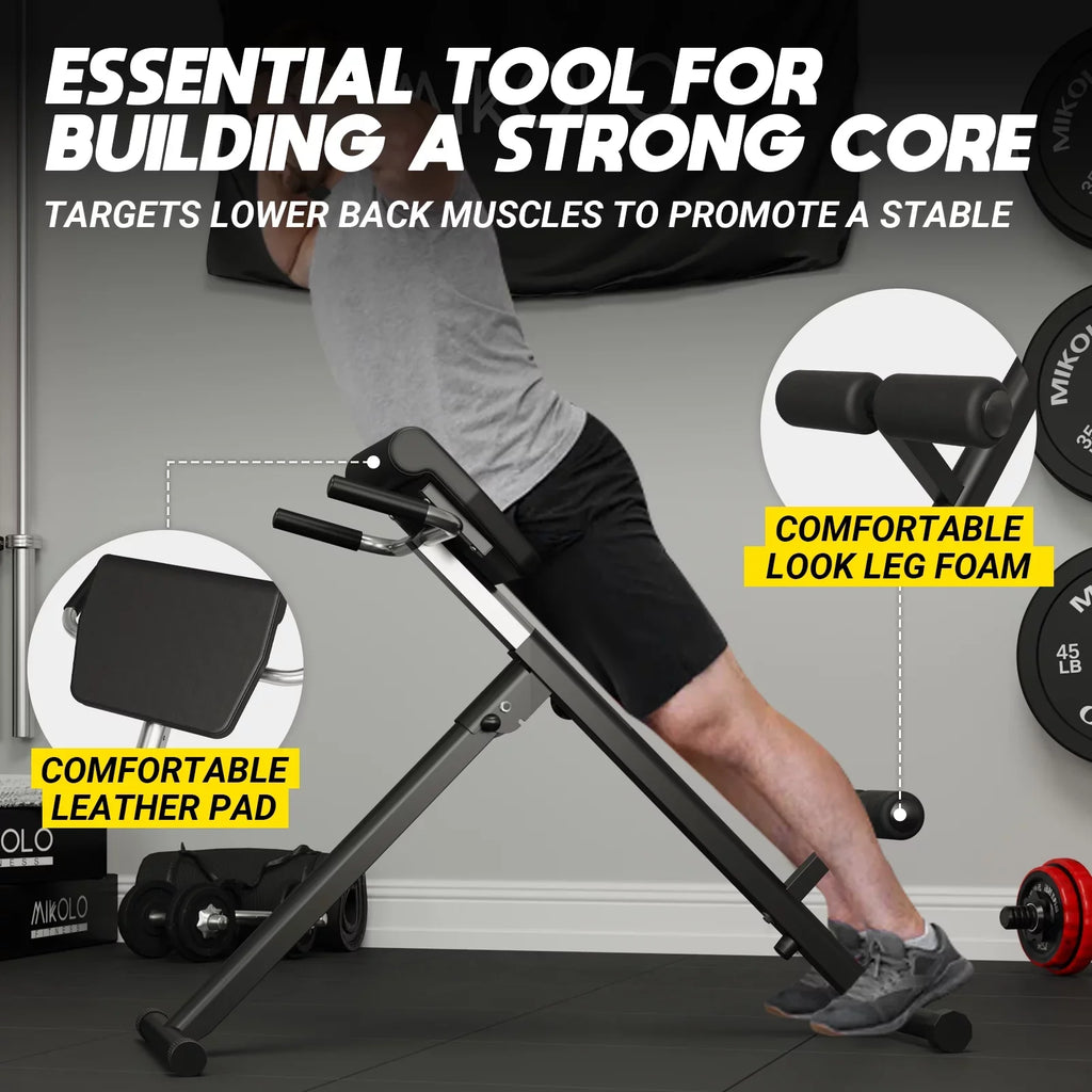 Mikolo Hyperextension Roman Chair, Foldable Exercise Bench with 300LBS Capacity, 9 Adjustable Heights for Strength Training.