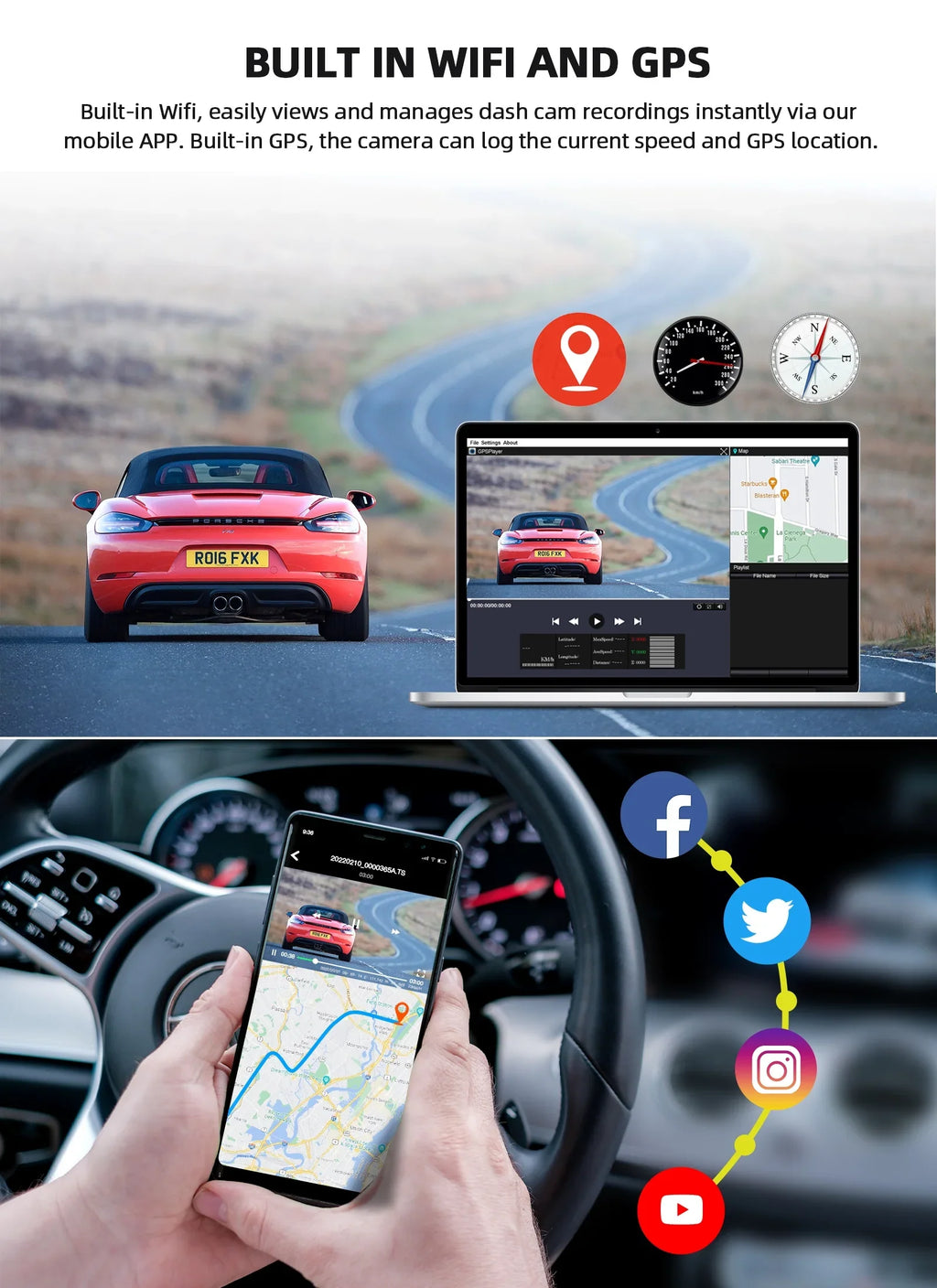 WiFi 3 Channel Dash Cam 2K+1080P+1080P@30fps with GPS Speed, 4K Dual Dashcam Front and Inside, Triple Car Dash Camera with Type C Port, WDR, IR Night Vision, 170° Wide Angle, 24hr Parking Monitor