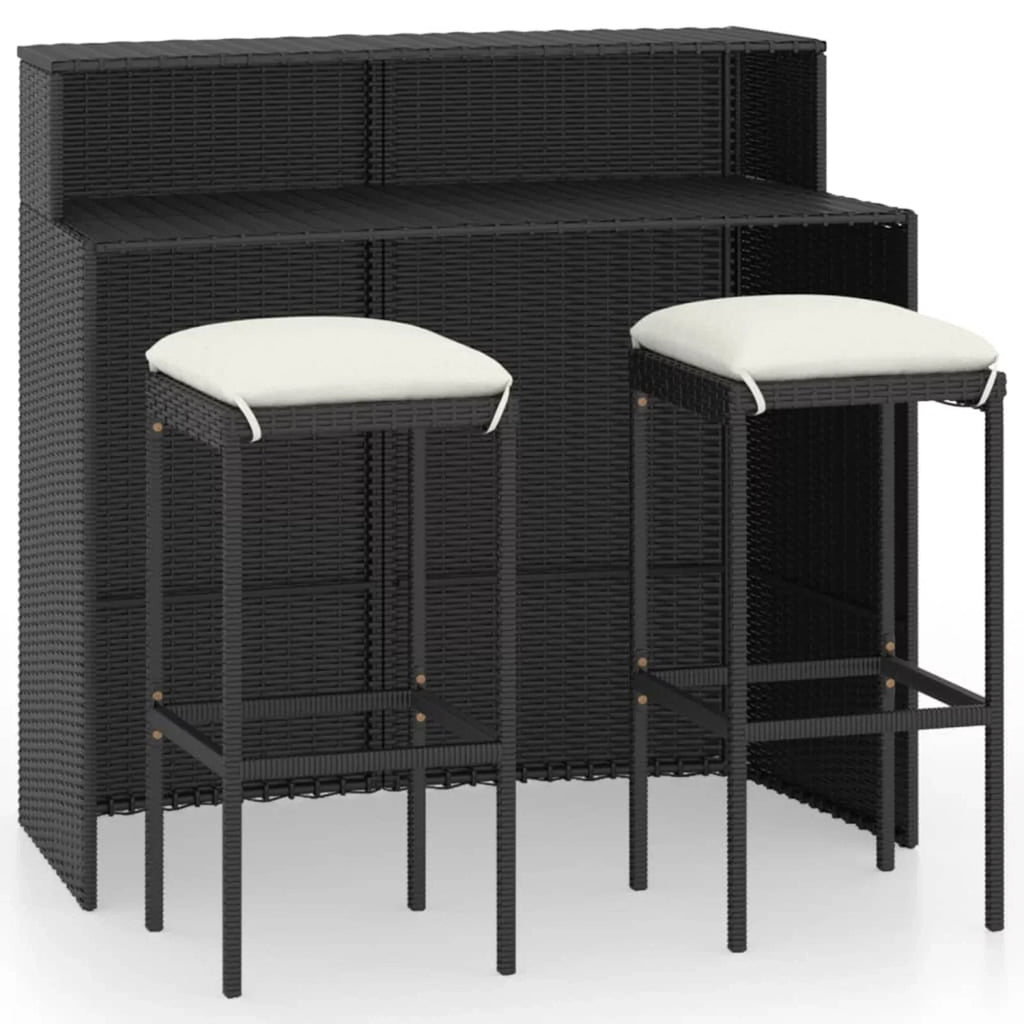 Dcenta 3 Piece Garden Bar Set Table with Storage Shelf and 2 Cushioned Stool Chairs  Dining Set Black Poly Rattan for Bistro, Pub, Backyard, Terrace, Patio