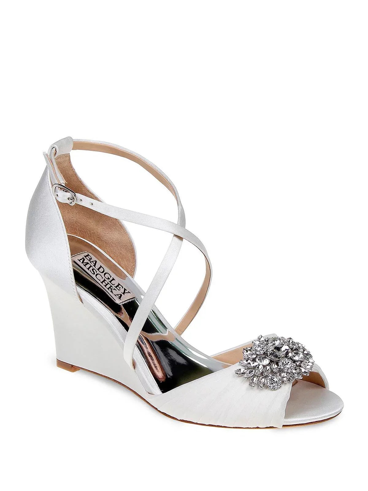 BADGLEY MISCHKA Womens White Crisscross Straps Crystal Brooch Pleated Padded Tacey Round Toe Wedge Buckle Dress Sandals Shoes 8.5 M
