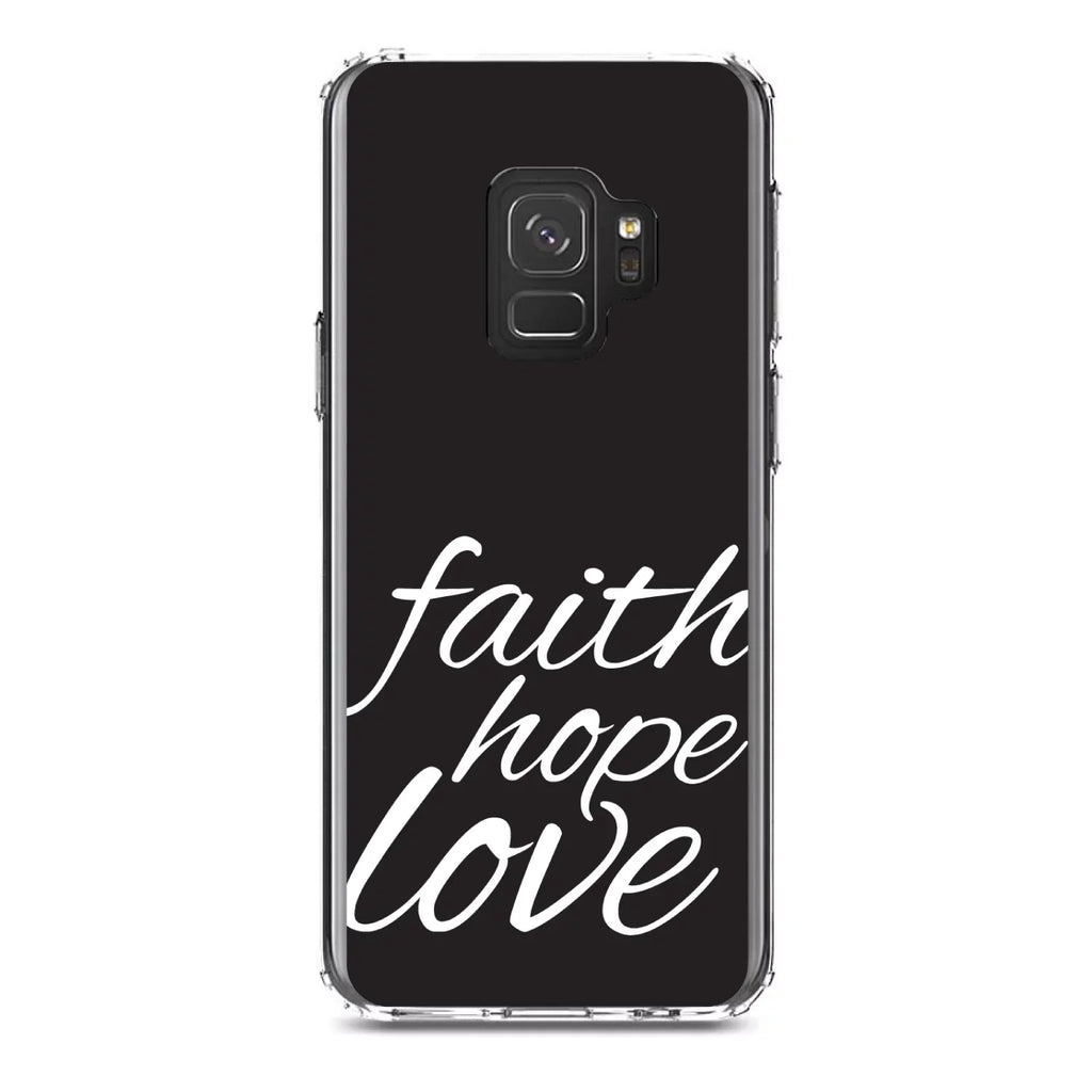 DistinctInk Clear Shockproof Hybrid Case for Samsung Galaxy S9 (5.8" Screen) - TPU Bumper, Acrylic Back, Tempered Glass Screen Protector - Faith / Hope / Love - Black & White - Christ