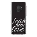 DistinctInk Clear Shockproof Hybrid Case for Samsung Galaxy S9 (5.8" Screen) - TPU Bumper, Acrylic Back, Tempered Glass Screen Protector - Faith / Hope / Love - Black & White - Christ