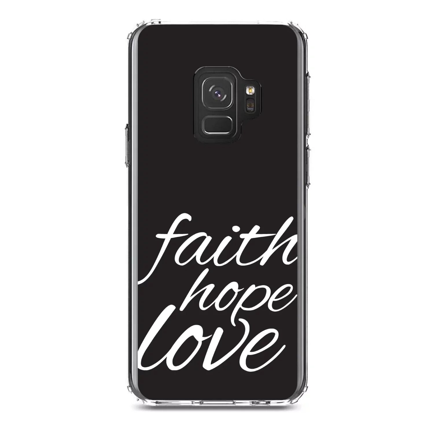 DistinctInk Clear Shockproof Hybrid Case for Samsung Galaxy S9 (5.8" Screen) - TPU Bumper, Acrylic Back, Tempered Glass Screen Protector - Faith / Hope / Love - Black & White - Christ