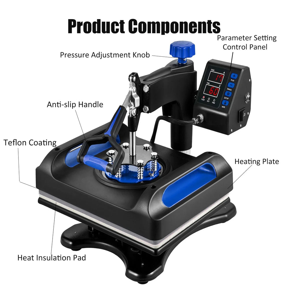 Blue Heat Press Machine 8 in 1, 15 x 15 Inches Sublimation Transfer Printer, Digital Precise LCD Control Printing, 360 Swing Away Vinyl Transfer Printer for T-Shirts, Canvas Bag, Pillow, Banner