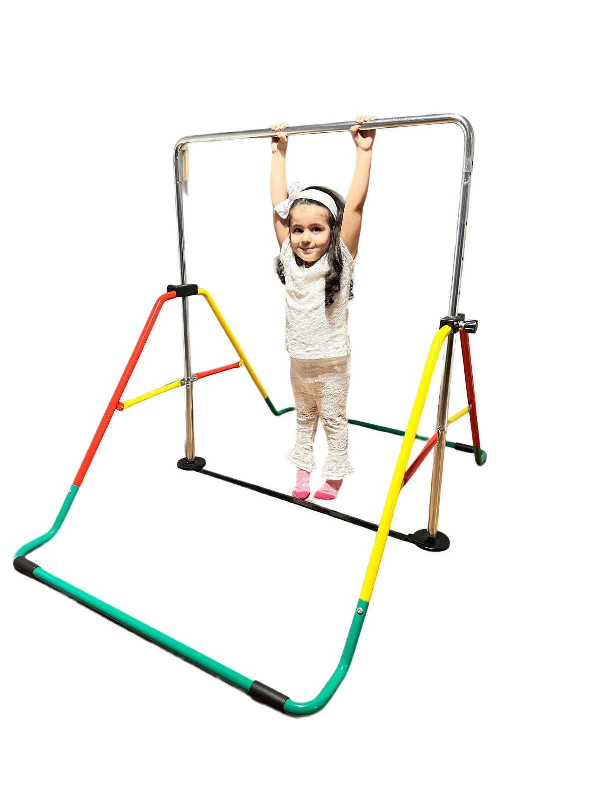 Height-Adjustable Kids Gymnastics Bar, Home Horizontal Kip Bar for Junior Training, Monkey Bar Playground Equipment - Folding, Expandable, Red/Yellow