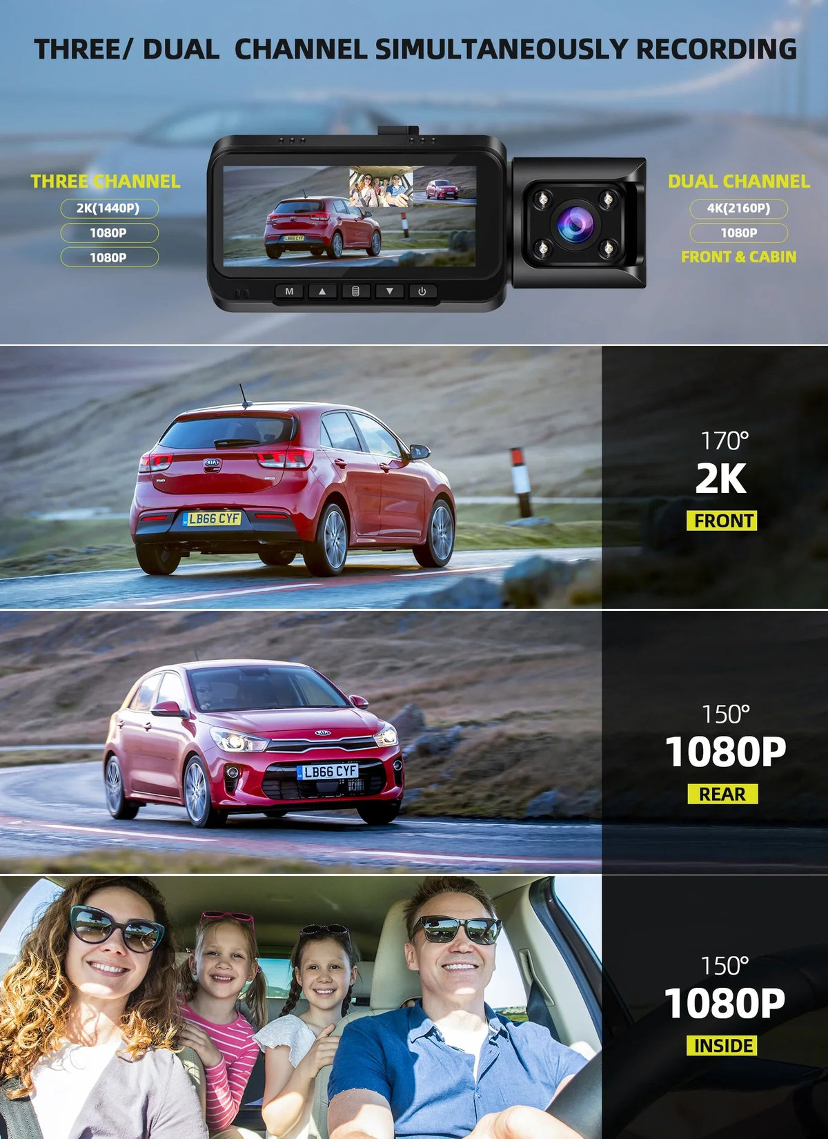 WiFi 3 Channel Dash Cam 2K+1080P+1080P@30fps with GPS Speed, 4K Dual Dashcam Front and Inside, Triple Car Dash Camera with Type C Port, WDR, IR Night Vision, 170° Wide Angle, 24hr Parking Monitor