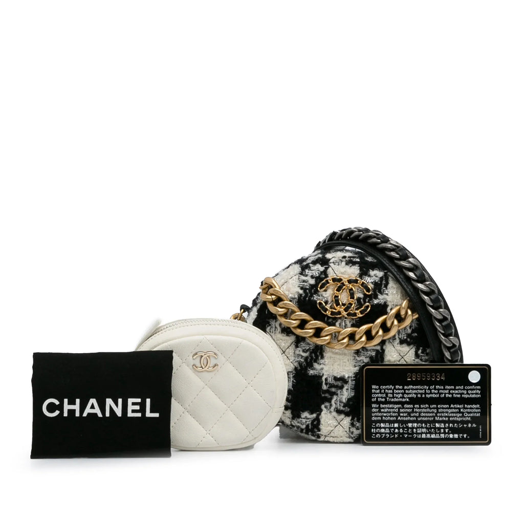 Pre-Owned Authenticated Chanel Round 19 Clutch with Chain and Lambskin Coin Purse Tweed Fabric Black Crossbody Bag Unisex (Good)