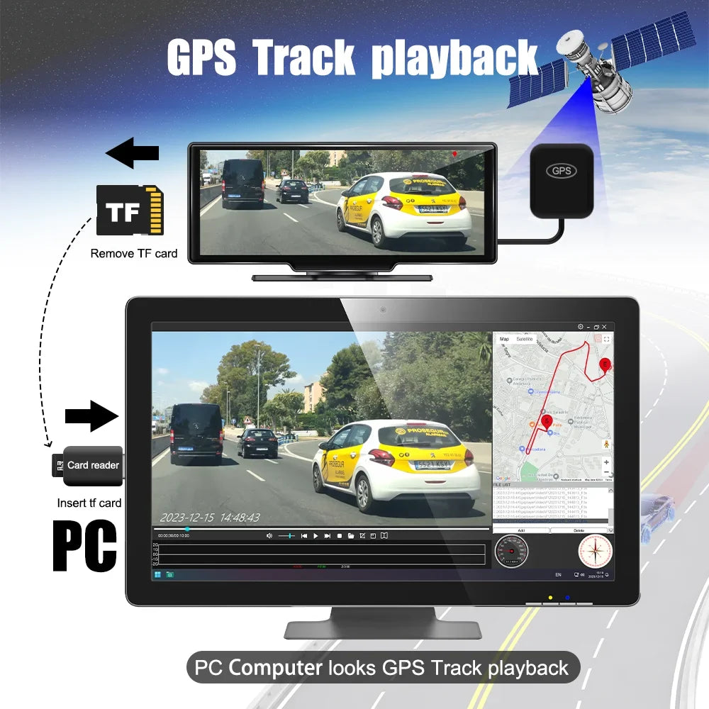 Adas Dash Cam  4K  DVR 10.26"  IPS with touch Screen 2 cameras for Front and Back recording Apple CarPlay , Android Auto Portable Navigation