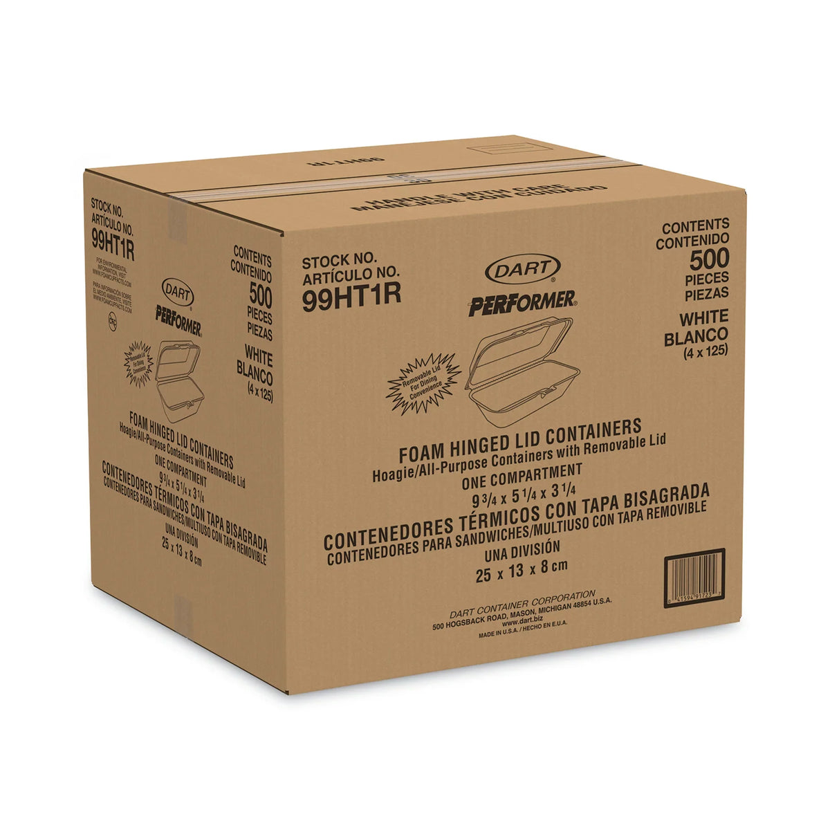Dart Foam Hinged Lid Container, Hoagie Container with Removable Lid, 5.3 x 9.8 x 3.3, White, 125/Bag, 4 Bags/Carton -DCC99HT1R